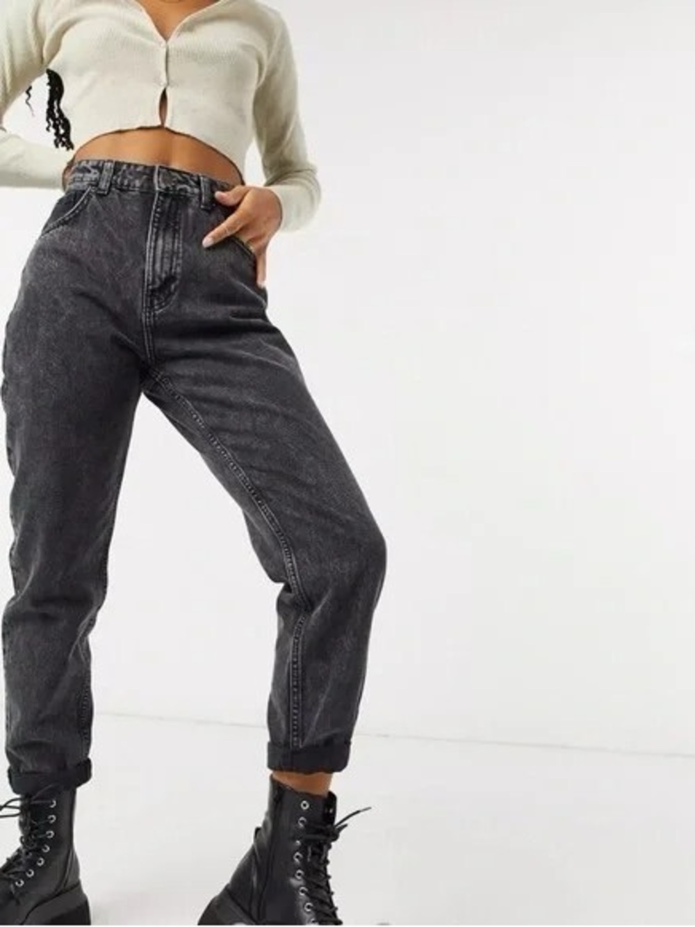 Bershka High-Waist Black Washed Mom Jeans - Women